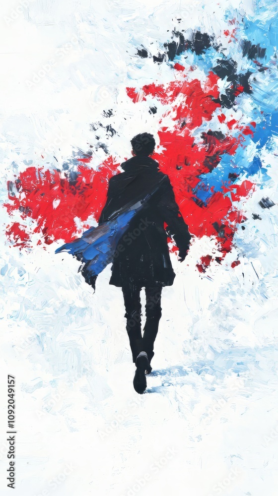 A silhouette of a person walking away, surrounded by vibrant abstract colors. A silhouette of a person walking away, surrounded by vibrant abstract colors.