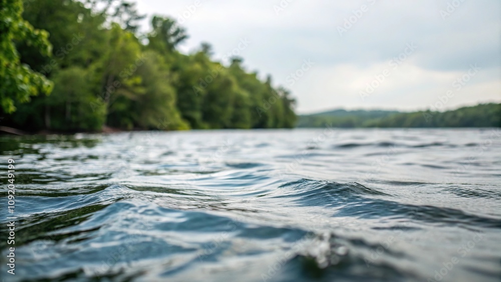 Fototapeta premium Wavy surface with blurred view of water's edge and surrounding foliage, natural world, foliage, water bodies, reflections, blurred image