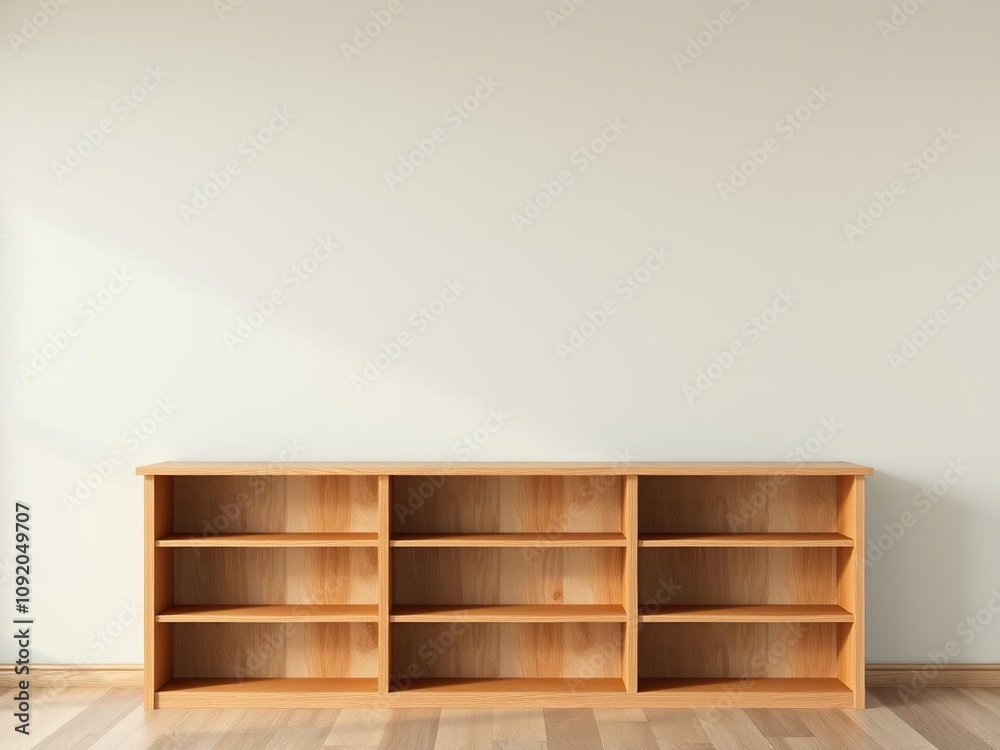 Wooden bookcase against a plain colored wall, wooden material, wooden bookcase Wooden bookcase against a plain colored wall, wooden material, wooden bookcase