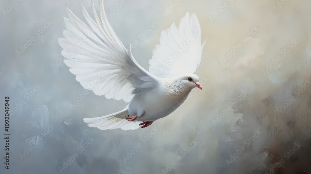 Obraz premium White dove in flight, wings spread wide against a soft, textured background.