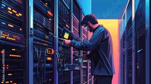 An IT technician fixing server issues in a data center, surrounded by tall racks of blinking servers