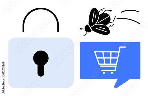 Padlock symbolizing security next to a bug icon and a speech bubble with a shopping cart, illustrating cybersecurity in e-commerce. Ideal for use in online security, e-commerce, spyware warnings, IT