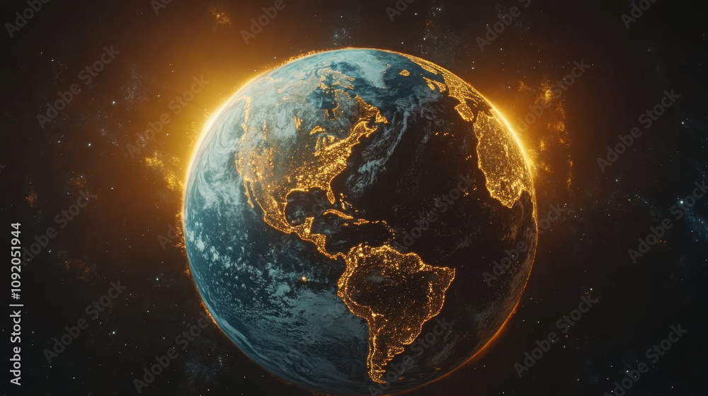 Obraz premium stunning Earth with glowing edges, showcasing vibrant continents and illuminated cities. This UHD rendering captures beauty of our planet in space