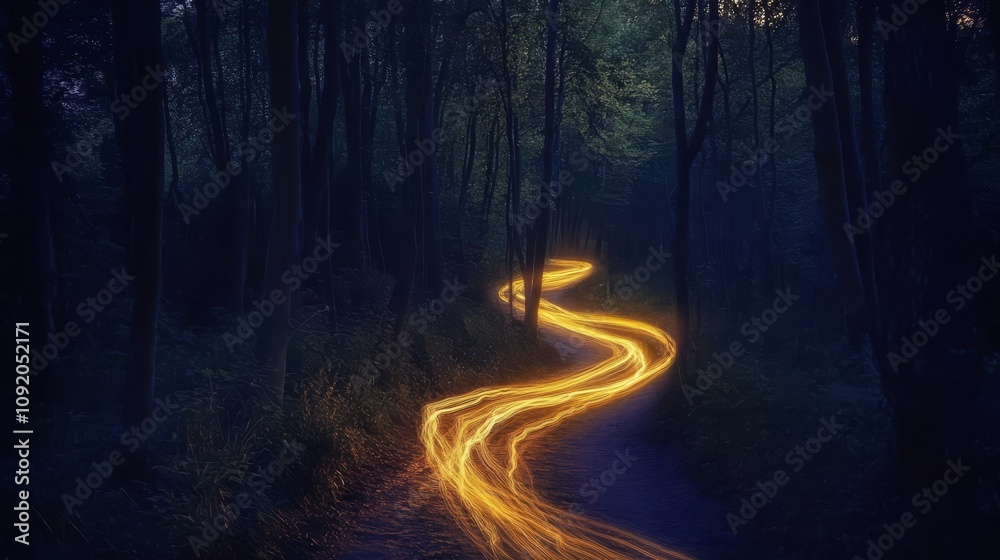 Glowing path winding through a dark forest at night. Glowing path winding through a dark forest at night.