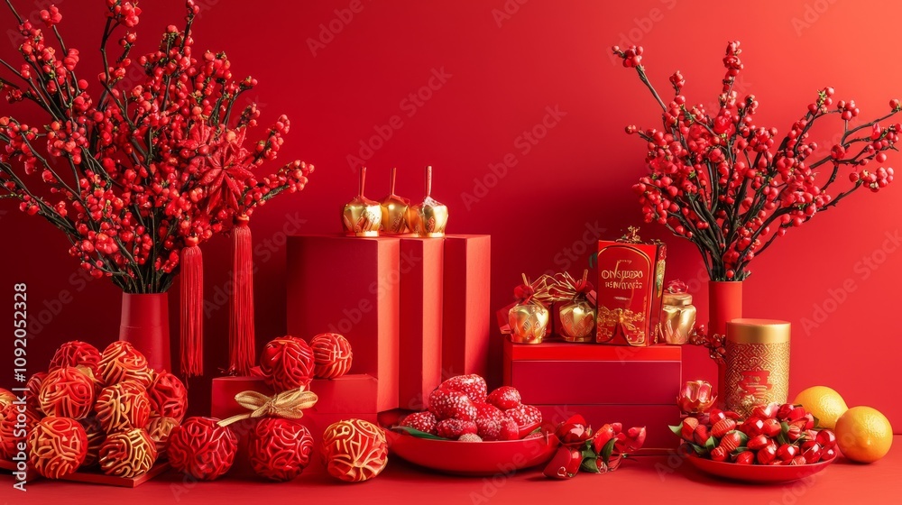 Fototapeta premium Festive Red Chinese New Year Celebration Decorations