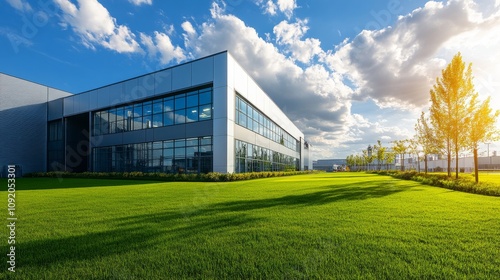 Industrial progress meets natural beauty with this modern factory, surrounded by green lawns and bright blue sky, creating a clean, peaceful, and progressive environment.