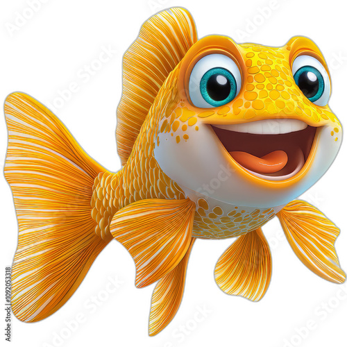 cheerful cartoon goldfish with big eyes and bright orange color, swimming happily. Its vibrant fins and playful expression evoke sense of joy and fun