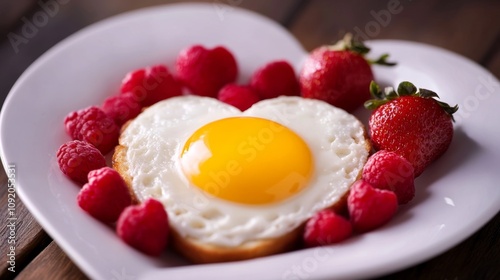 Heart-shaped breakfast with egg and raspberries. photo