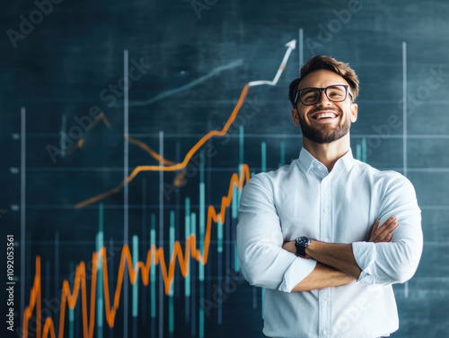A confident businessman standing with folded arms in front of a rising financial graph, symbolizing success and growth.