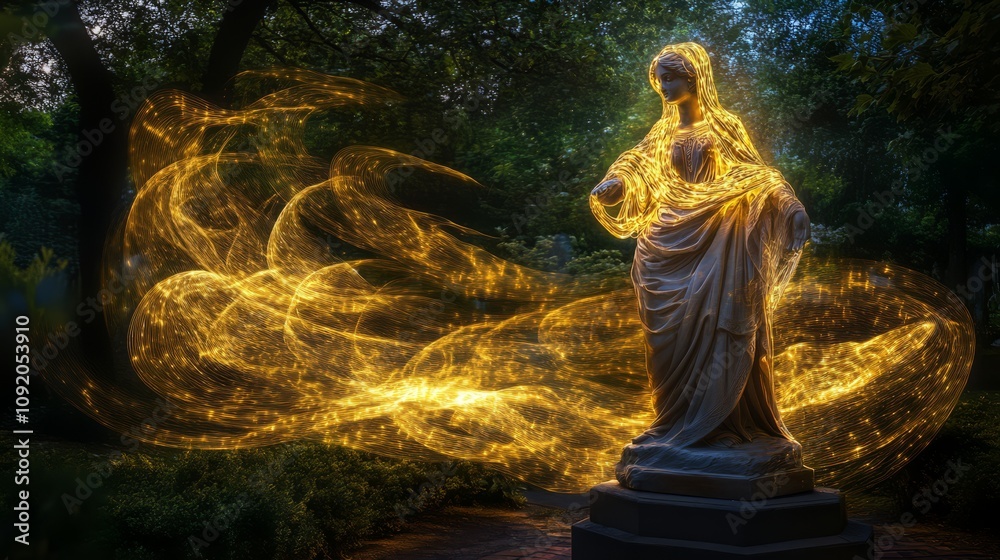 Obraz premium Serene statue enveloped in golden light trails.