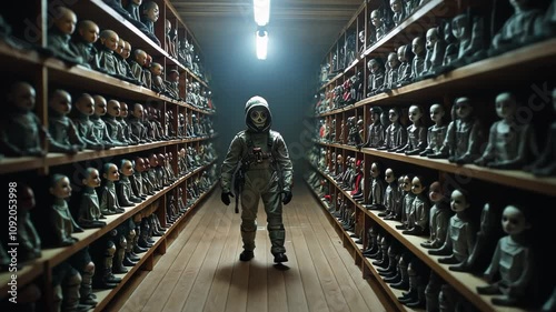 Wallpaper Mural Dimly lit underground storage space with rows of vintage marionettes on wooden shelves. Mysterious silhouette stands in central aisle. Torontodigital.ca