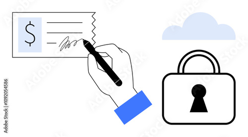 Hand signing a check with black pen, accompanied by a padlock and cloud icon. Ideal for finance, security, online transactions, digital contracts, banking, e-commerce and privacy. Line metaphor