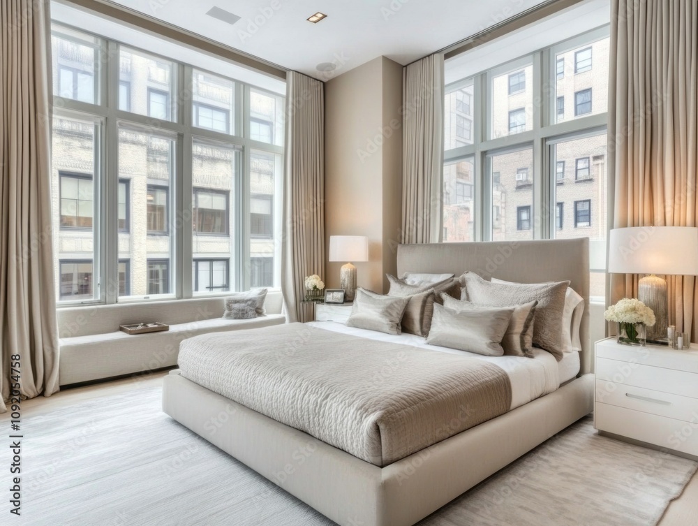 Fototapeta premium Luxurious Beige Bedroom With City View Windows