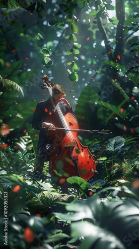 Render a cellist amidst a lush forest, the notes intertwining with the rustling leaves, viewed from a worms-eye perspective for an immersive experience