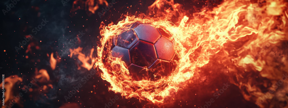 Fototapeta premium visually striking representation of soccer ball engulfed in flames, creating dynamic and intense atmosphere. fiery effect adds excitement and energy to image