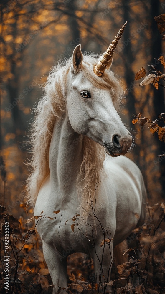 Obraz premium Majestic unicorn in enchanting autumn forest.