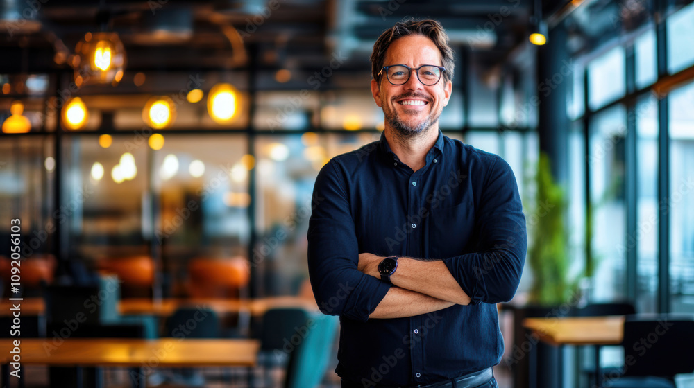 Fototapeta premium A confident man with glasses smiling in a modern office setting, arms crossed and exuding professionalism.