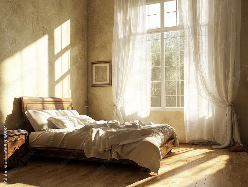 Fototapeta premium Sunlit Bedroom With Wooden Bed And Sheer Curtains