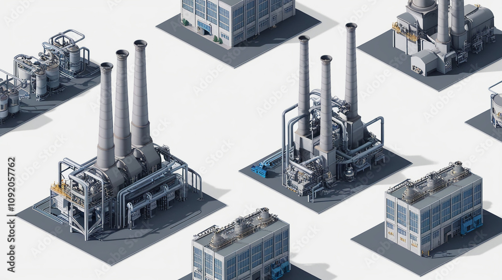 A series of factory isometric 3D illustrations A series of factory isometric 3D illustrations