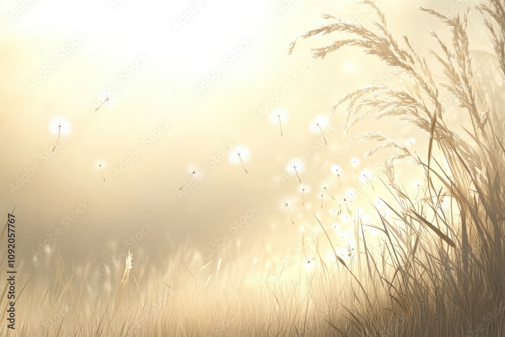 Fototapeta premium Dandelion Seeds Drifting in a Field of Golden Grass