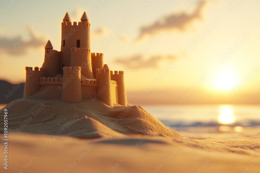 Obraz premium A stunning sandcastle stands majestically on the beach, illuminated by the warm glow of the sunset, creating a picturesque coastal scene.