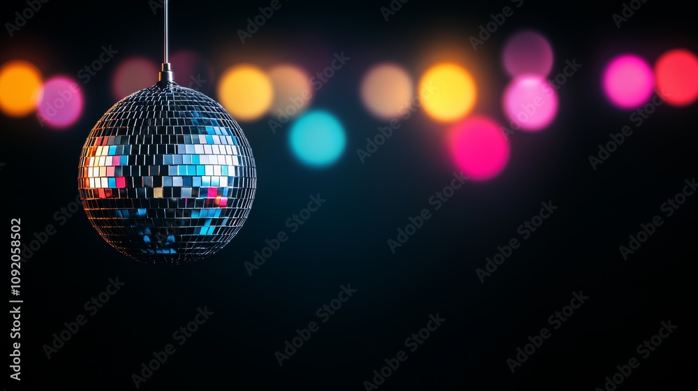 Obraz premium A sparkling disco ball hangs against a dark background, reflecting colorful bokeh lights that create a vibrant party atmosphere.
