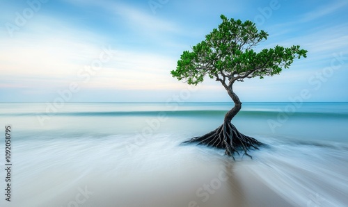 Solitary Tree Standing in the Ocean with Blurry Water, Capturing Tranquility and Nature's Beauty