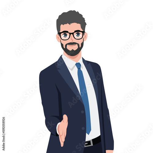 Businessman asking for a handshake hand. Flat Vector Character Isolated