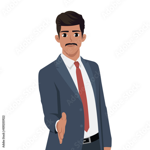 Young Businessman asking for a handshake hand. Flat Vector Character Isolated