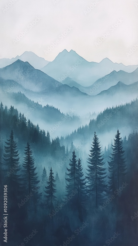 Obraz premium Serene mountain view with misty forest layers.