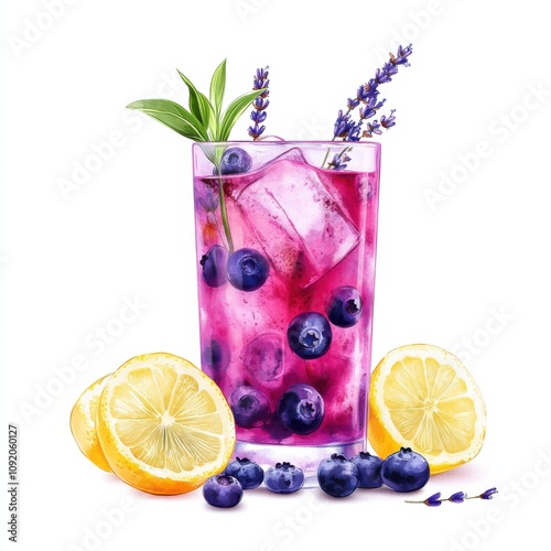 A refreshing iced blueberry lavender lemonade with blueberries, lavender sprigs, and lemon slices in a highball glass