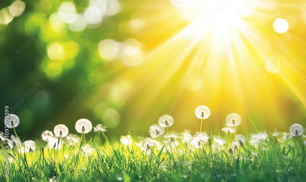 Obraz premium Dandelion Wishes in Sunlight, Green Grass, and Warm Rays - Nature's Beauty