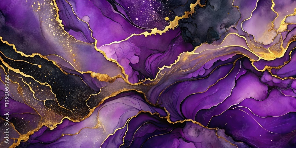 Obraz premium Trendy Purple Abstract Alcohol Ink Background with Golden Path Art for Book Cover and Brochure Design