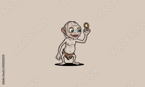 Cartoon creature holding a golden ring with a grin