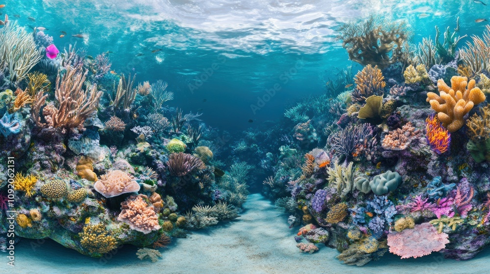 Obraz premium A vibrant underwater scene with a diverse coral reef teeming with marine life, showcasing the beauty and fragility of the ocean ecosystem.