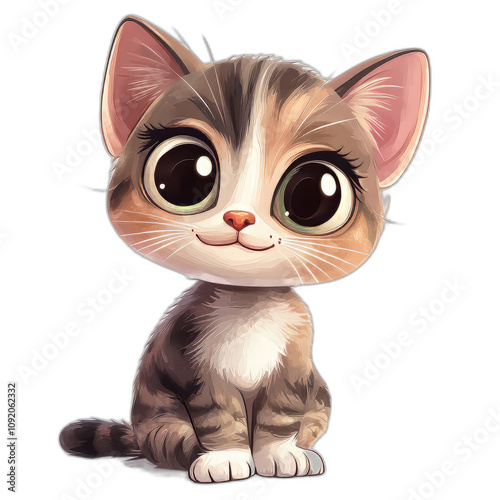Cute cartoon cat with big eyes and friendly expression, sitting on black background. This adorable feline character is perfect for children illustrations and playful designs