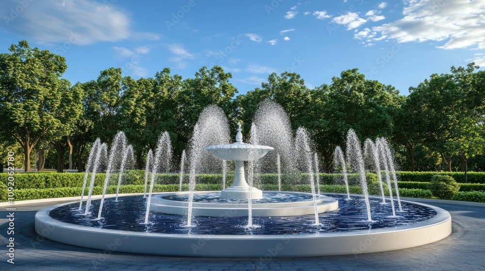Fototapeta premium A white fountain with multiple water jets in a circular pool surrounded by lush greenery under a clear blue sky.