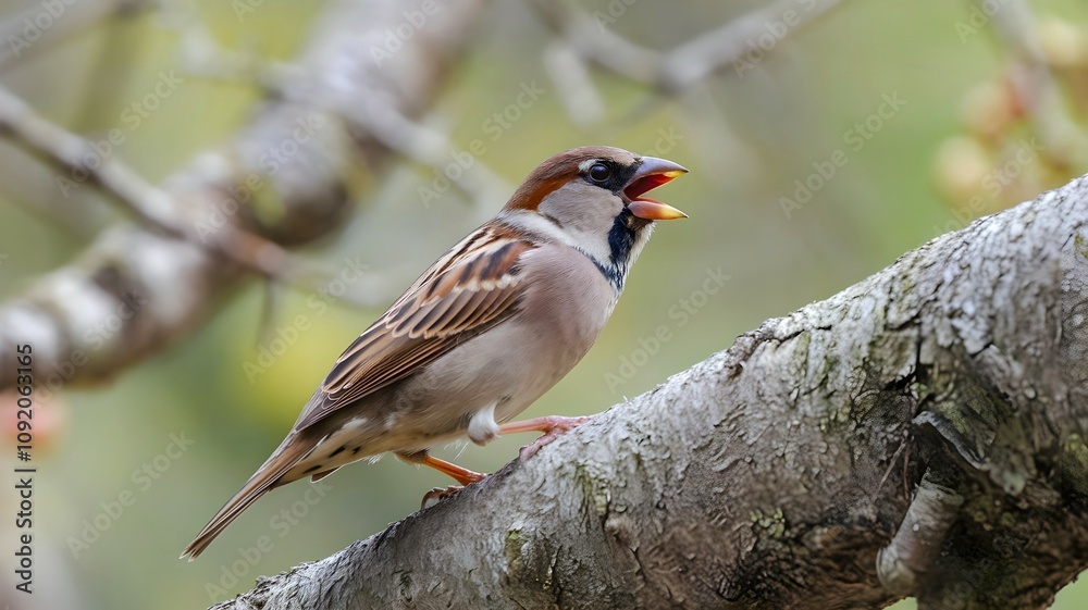 Fototapeta premium A sparrow is on a tree branch and making noise by shouting