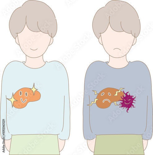 健康と病気の人と臓器。健康な臓器と病気になった臓器。