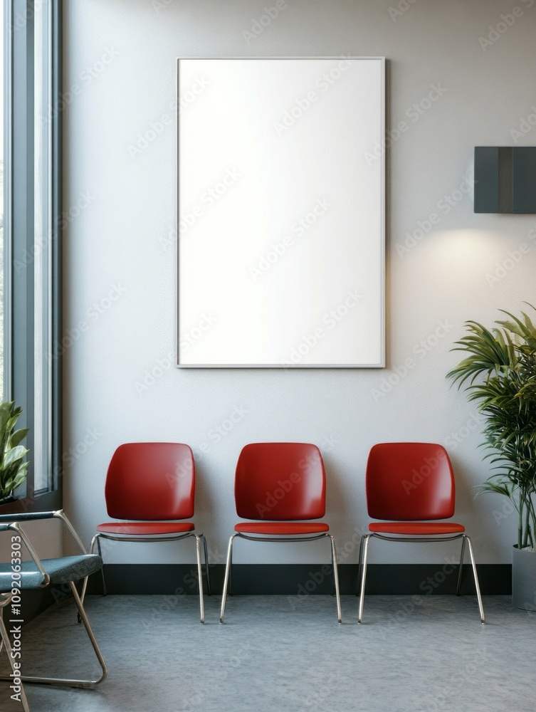 Fototapeta premium Modern Waiting Area With Empty Frame And Red Chairs