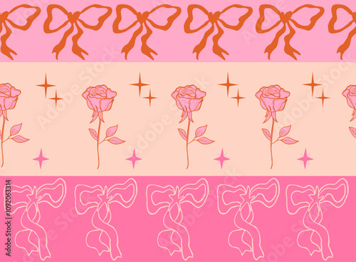 Romantic Groovy background with bows and roses. Simple minimalistic design for weddings, valentine's day. Trendy fancy illustration in 70s vintage style.