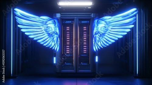 Angelic Wings Server Room Futuristic Technology Data Center Digital Wings Abstract Blue Neon Cloud