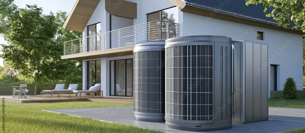 Fototapeta premium Two air conditioning units outside a modern home with a large lawn and patio furniture.