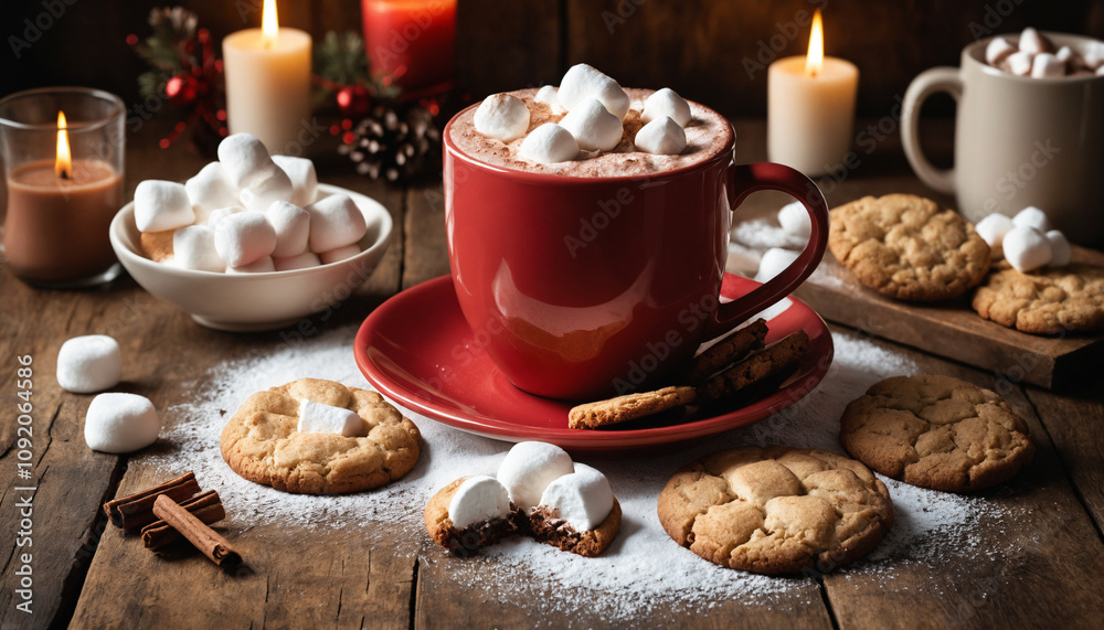 Fototapeta premium Freshly baked cookies of different shapes with icing and chocolate chips lie on a wooden table. Nearby is a cup of milk and the inscription 