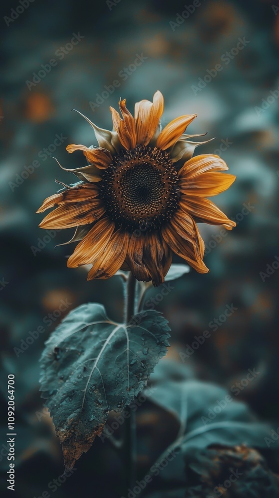 Naklejka premium Vibrant sunflower among dark foliage.