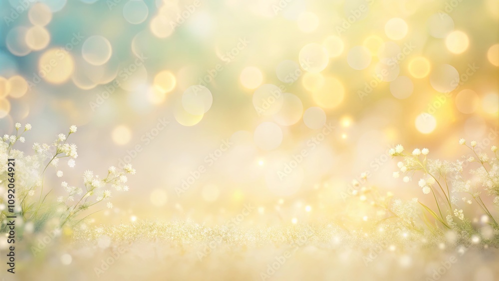 Obraz premium Delicate white flowers on a soft, golden backdrop, illuminated by warm, radiant lights, creating a serene and dreamy atmosphere.
