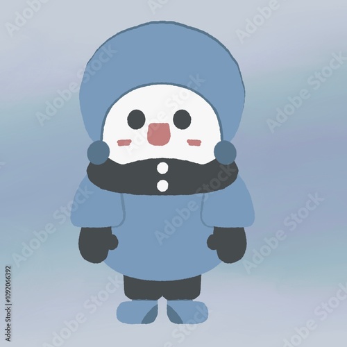 Snowman with blue hat and black scarf.