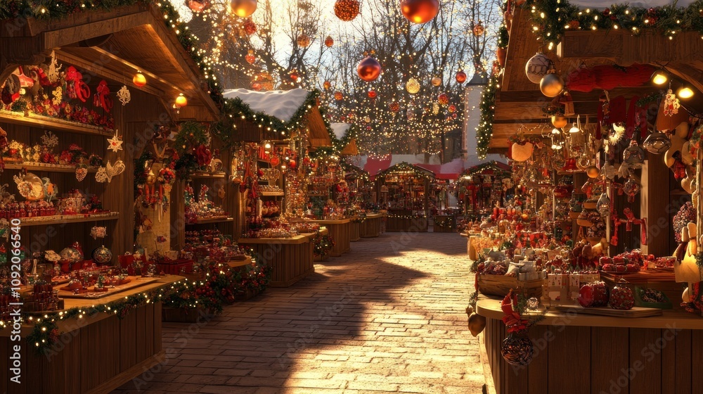 Obraz premium A bustling Christmas market with wooden stalls lined with festive decorations and ornaments, illuminated by warm light and surrounded by twinkling fairy lights.