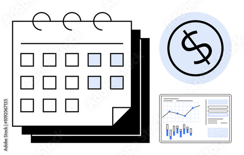 Calendar with marked dates, dollar coin symbol, data analysis chart with graphs. Ideal for financial planning, business meetings, project timelines, budgeting, time management, investment tracking