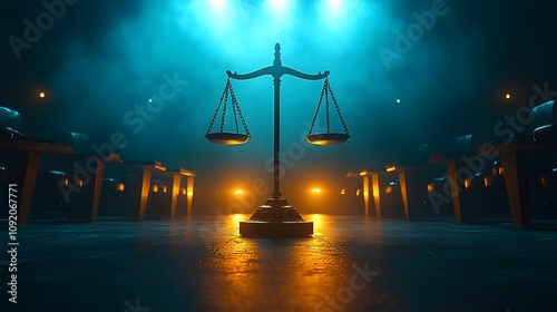 Justice in Balance The Symbol of Law Courtroom Photography Dramatic Lighting Central Perspective Legal Concept